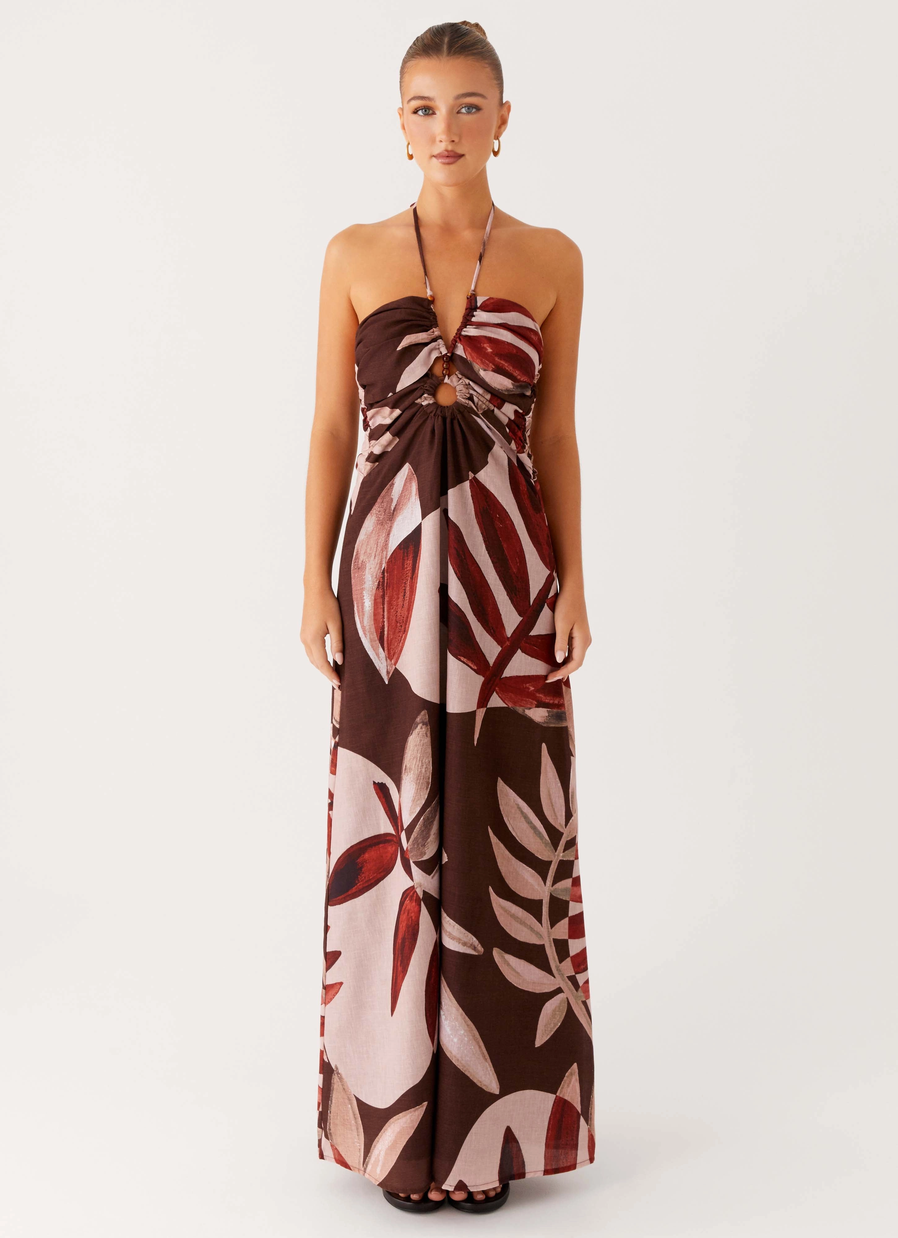 Ramona Linen Maxi Dress - Cinnamon Palm ruffle trim