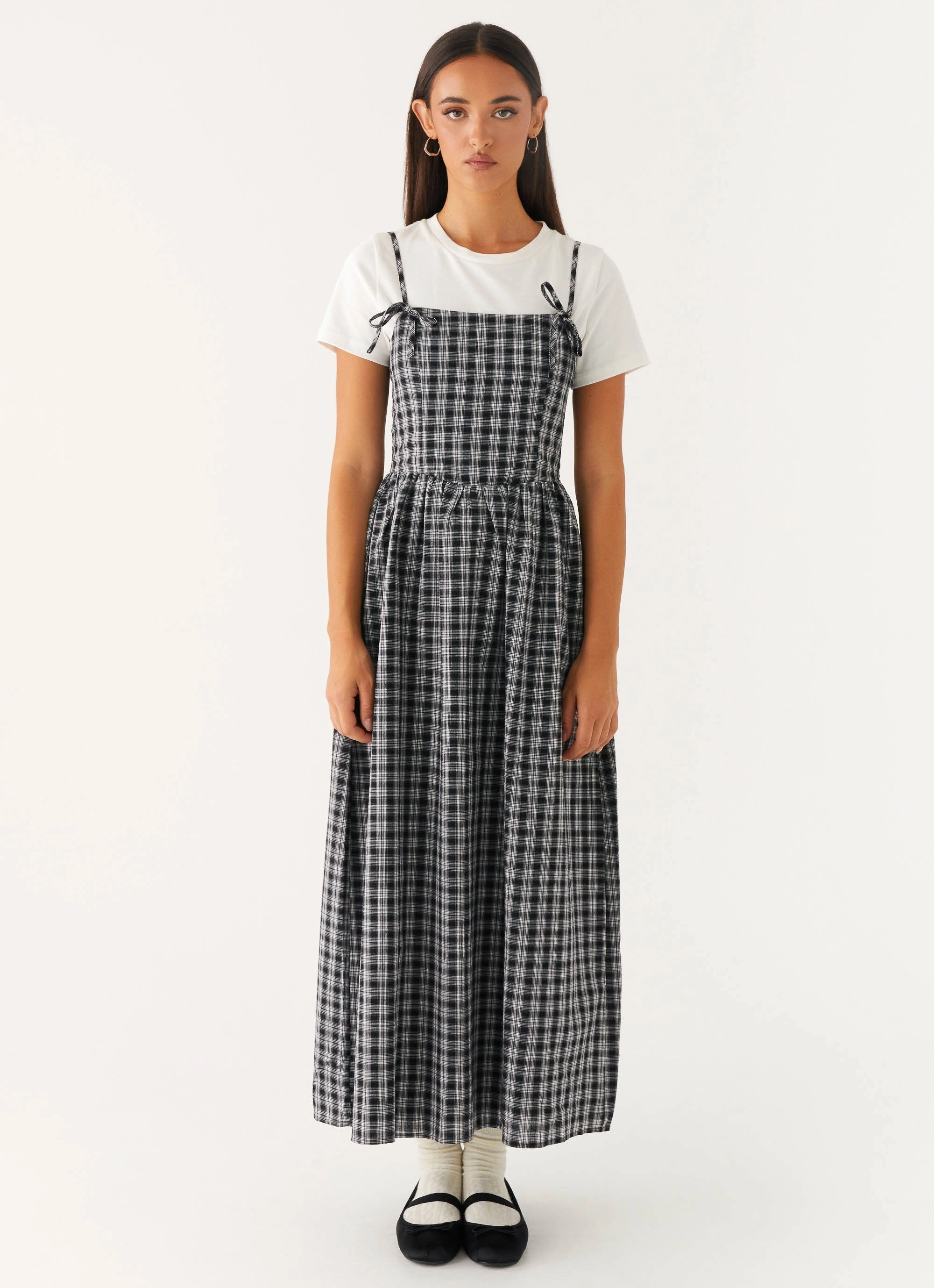 Casual Silhouette Polite Color Ramsey Midi Dress - White Black Check
