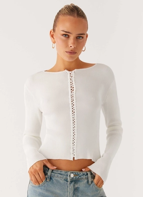 YarnDye Technique Wonderwall Lace Up Long Sleeve Top - White