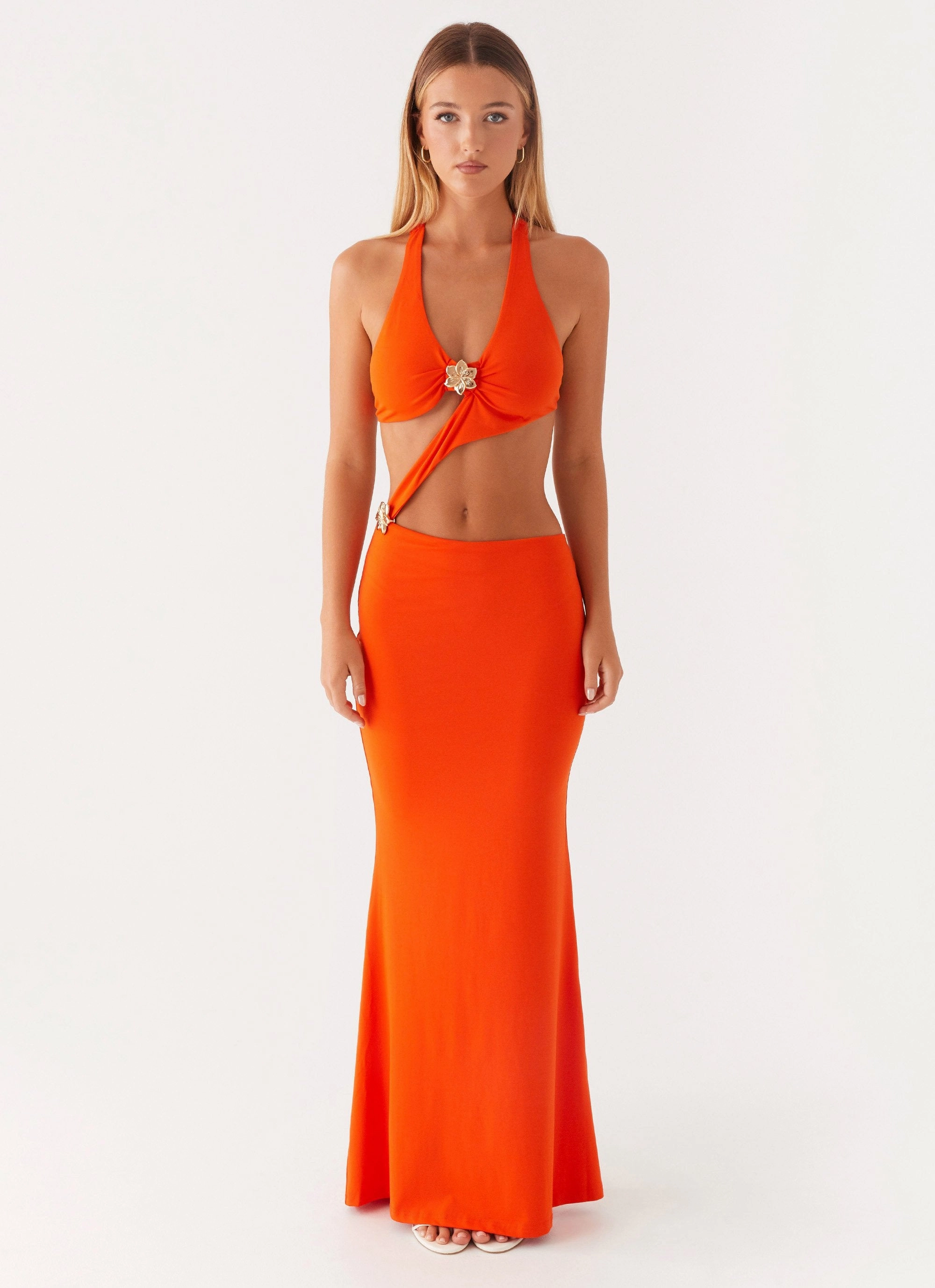 Reasons To Stay Cut Out Maxi Dress - Orange Chic Design Balanced Tone