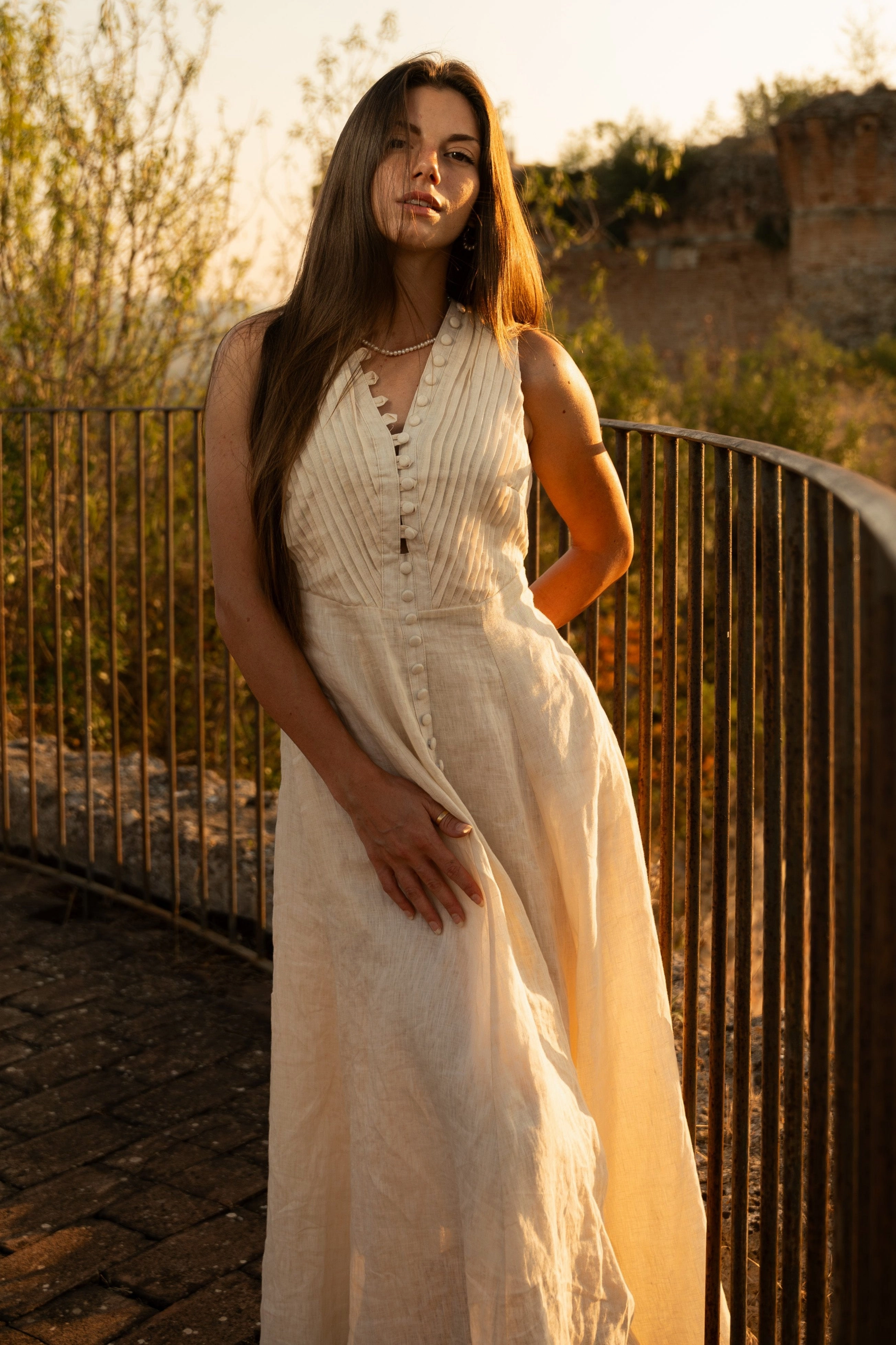 Rebecca 18 | Pleated Maxi Linen Dress Sporty Stretch Fit