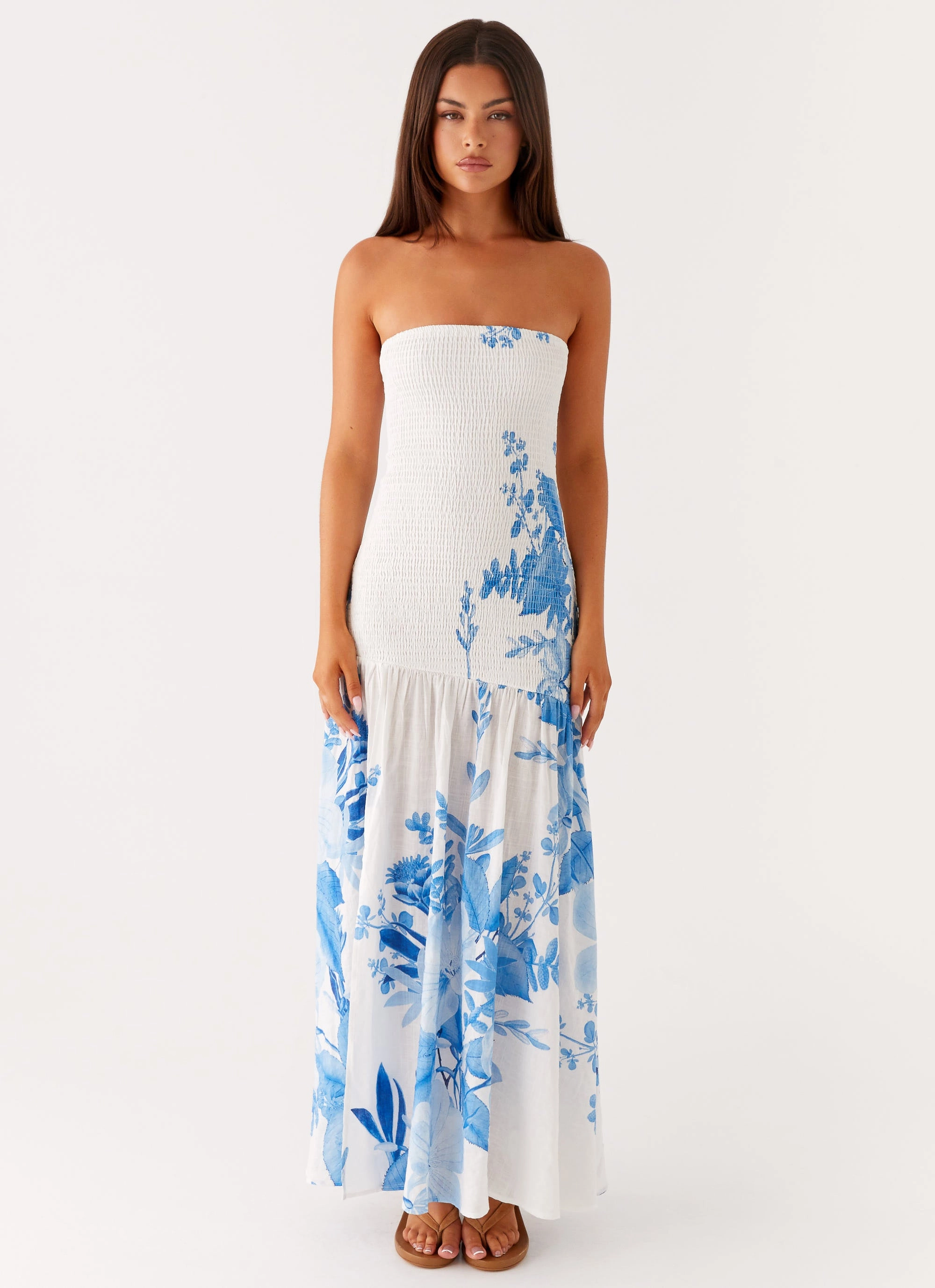 Loose Flow Relax Draping Rebecca Maxi Dress - Blue Floral Print