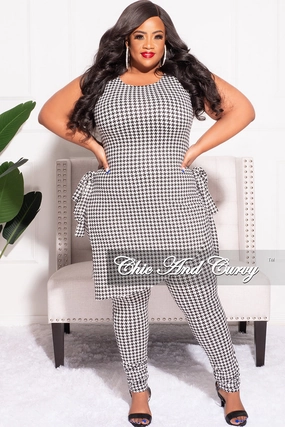 Practical Fit Supportive Waistband Final Sale Plus Size 2pc Sleeveless Top and Pants Set in Black and White Houndstooth Print