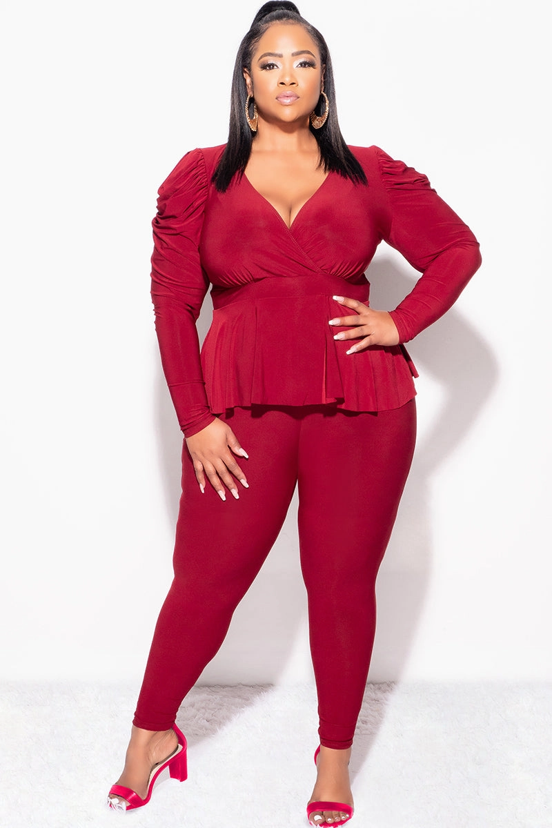 WaterproofTechnology Final Sale Plus Size Faux Wrap Peplum Top and Pants Set in Burgundy