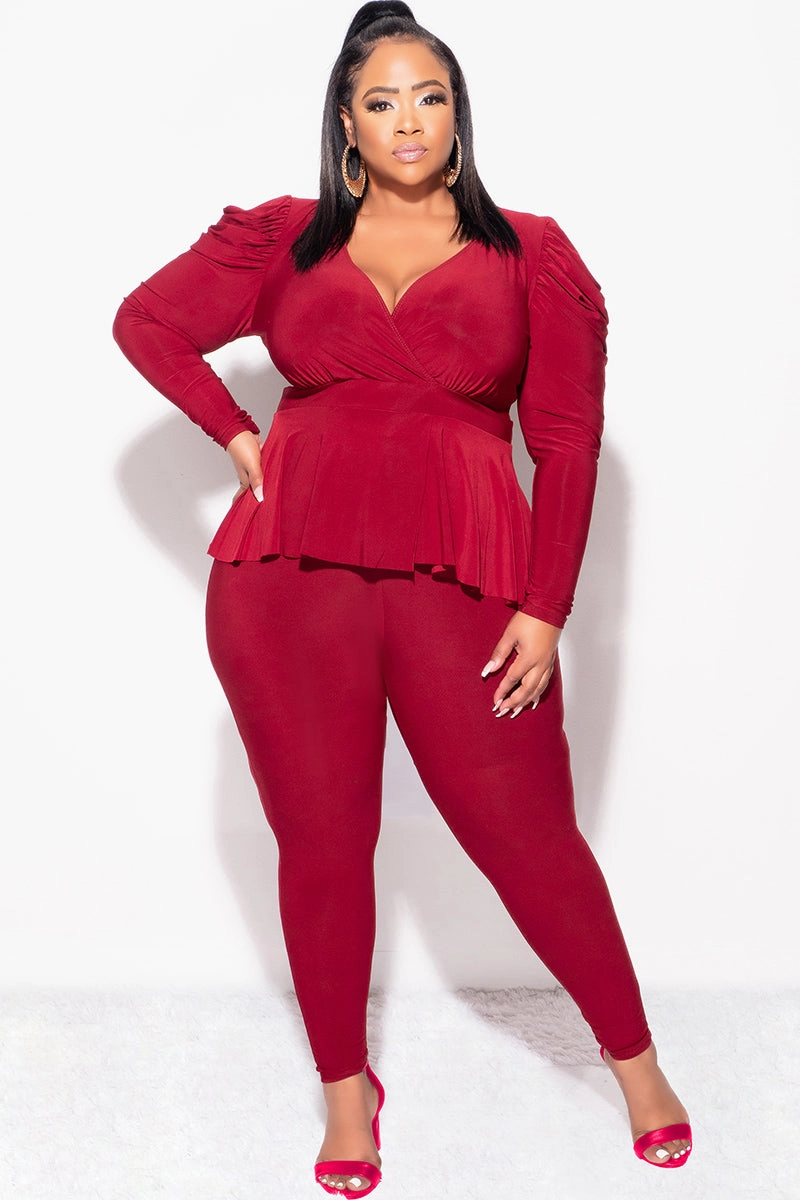 Adjustable Drawcord Casual Layer Final Sale Plus Size Faux Wrap Peplum Top and Pants Set in Burgundy