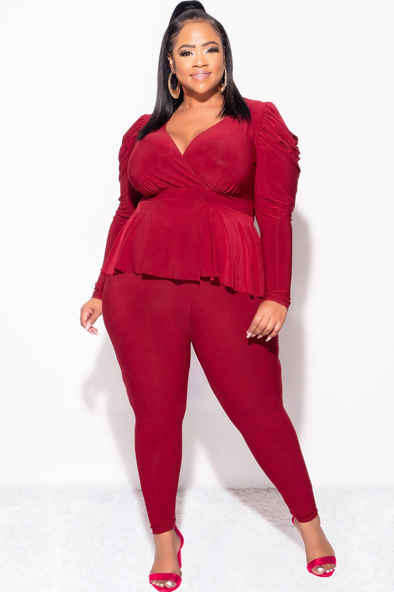 Final Sale Plus Size Faux Wrap Peplum Top and Pants Set in Burgundy Comfort Fit Performance Gear