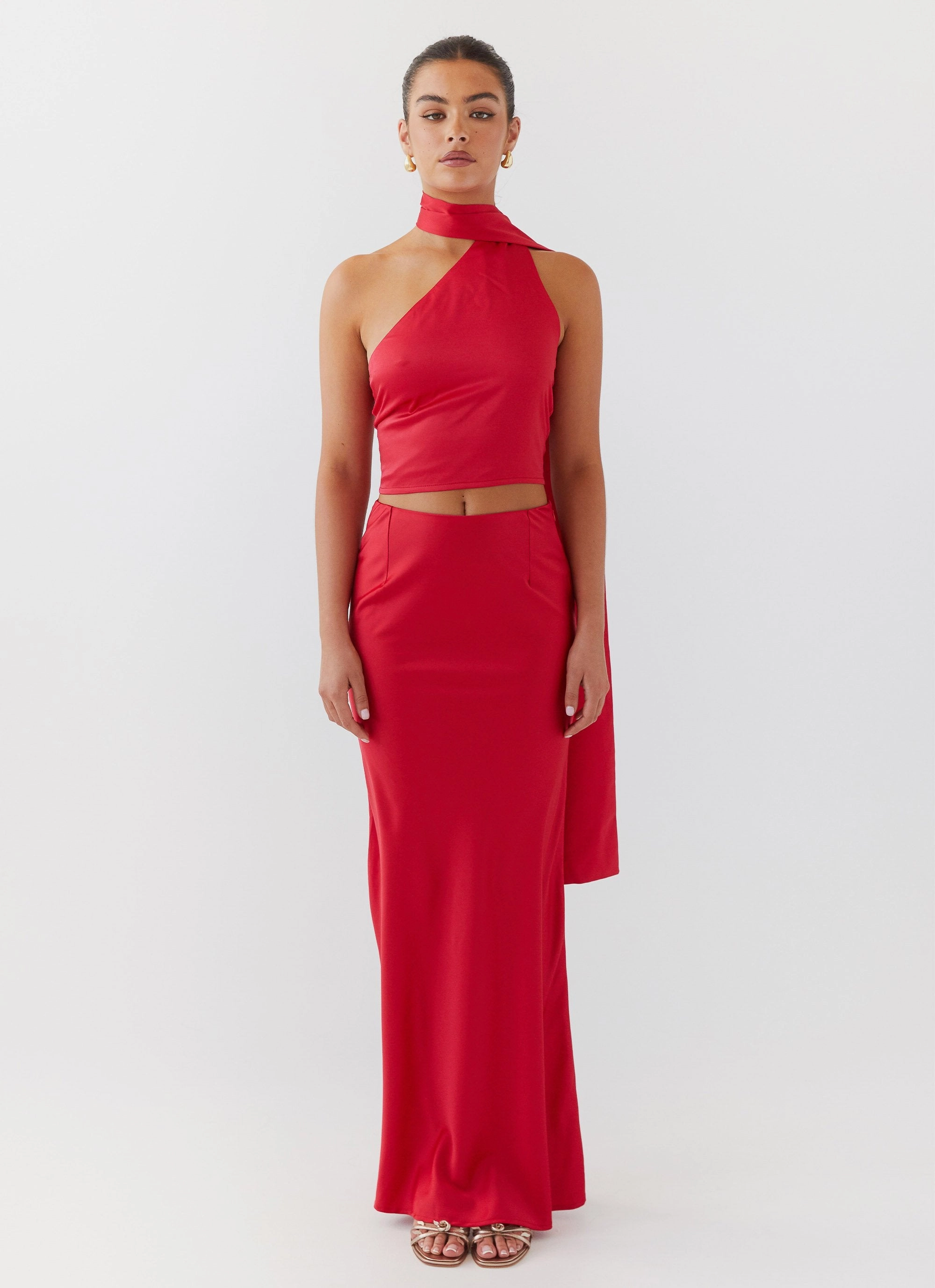 Josefina Satin Maxi Skirt - Rouge Red Slim Profile