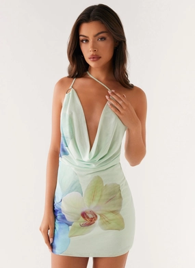 Coral Soft Bold Statement Bohemian Bliss Mesh Mini Dress - Green Floral