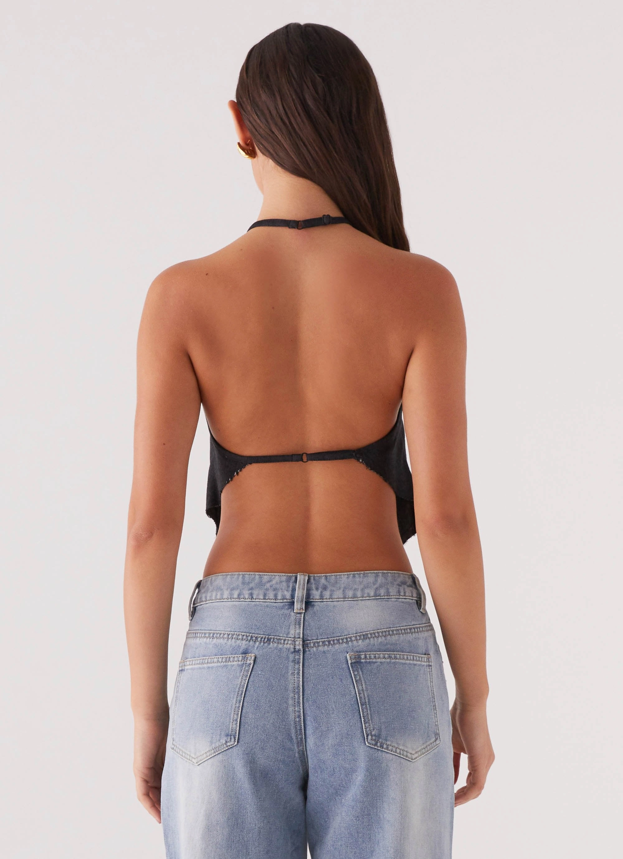 Rexi Halter Denim Top - Washed Black Button Down Collar Style Curved Hem Design