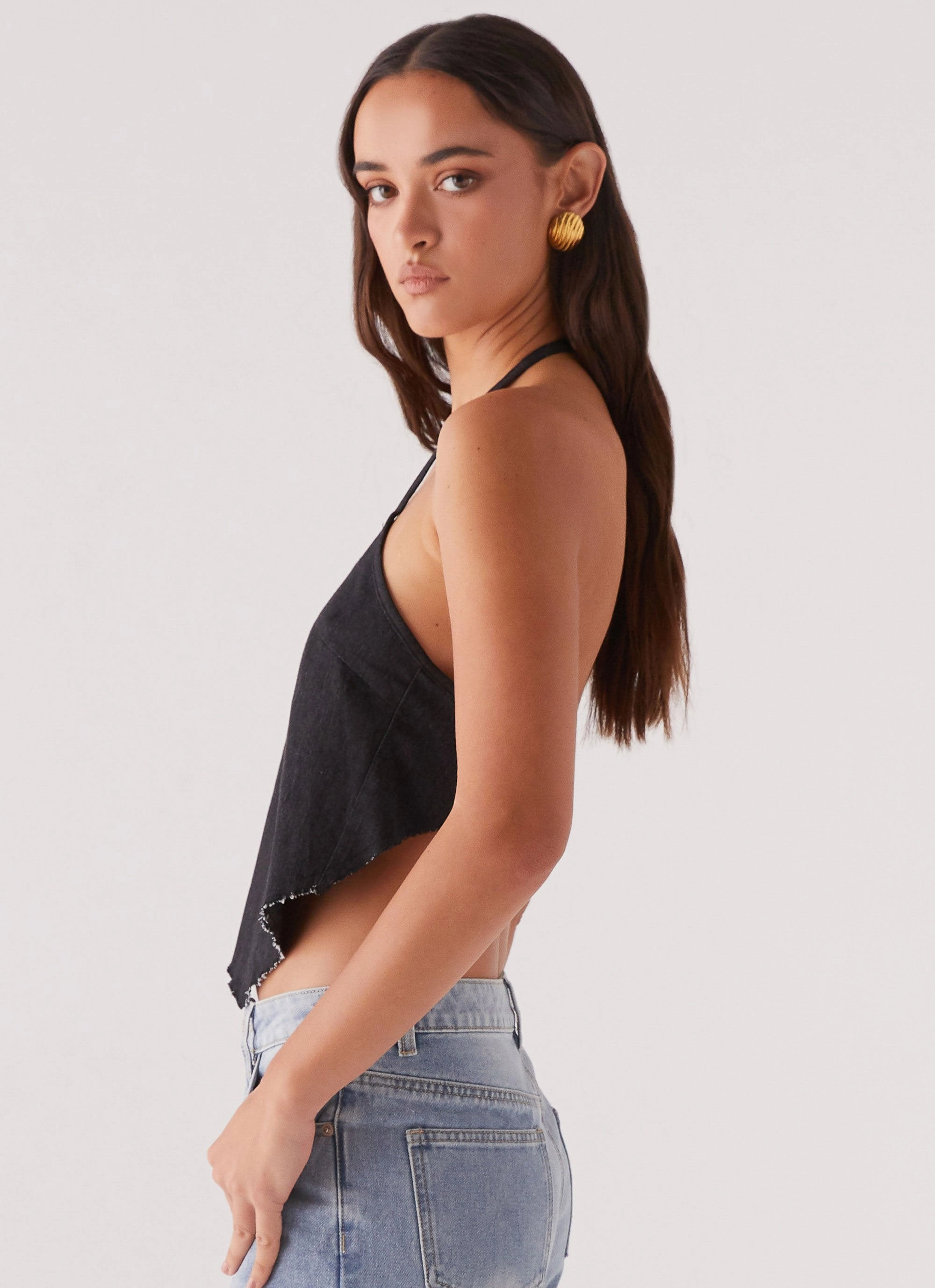 Rexi Halter Denim Top - Washed Black Wrinkle Resistant Weave