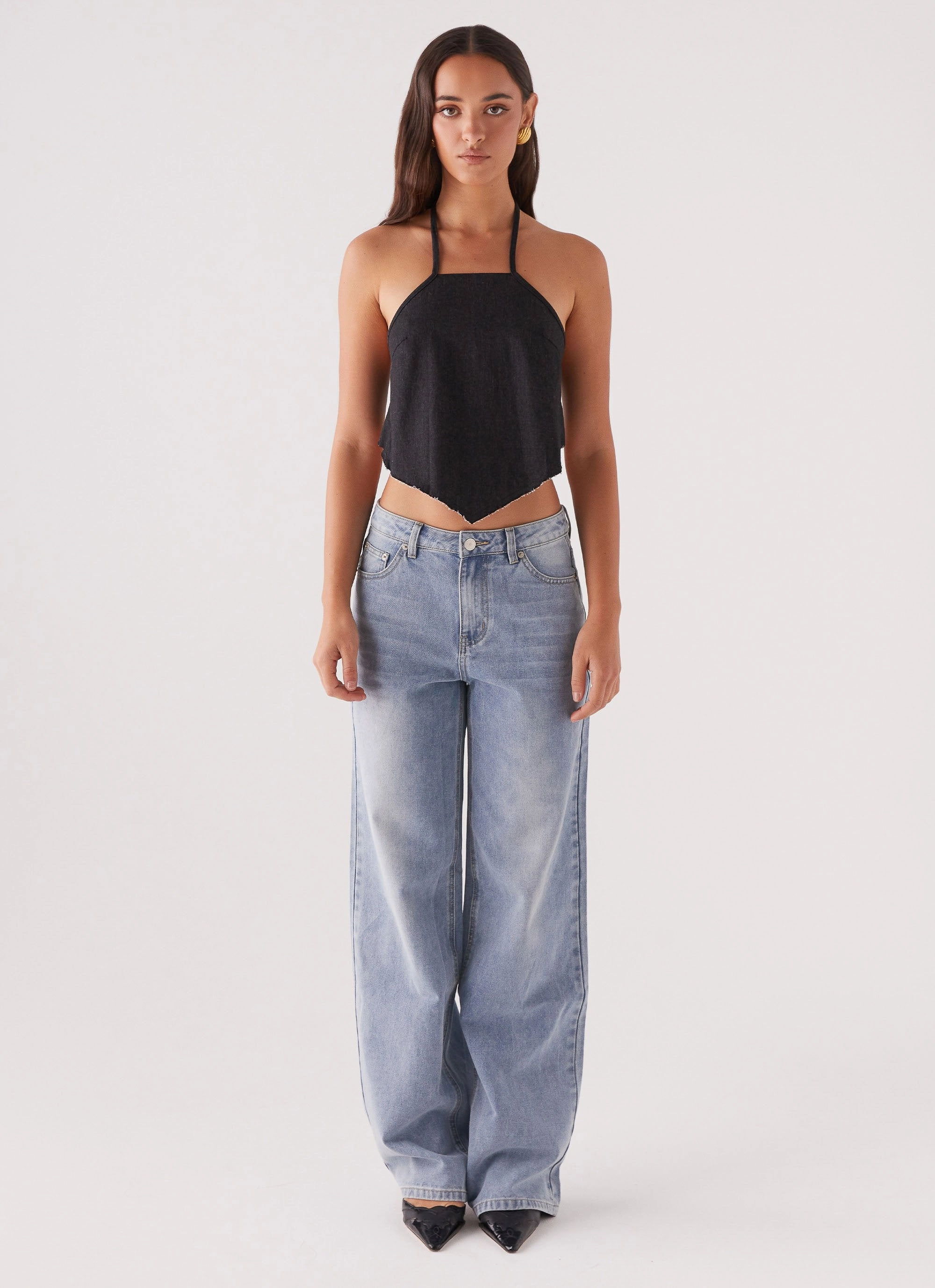 AllPurpose Design Raw Edge Finish Rexi Halter Denim Top - Washed Black