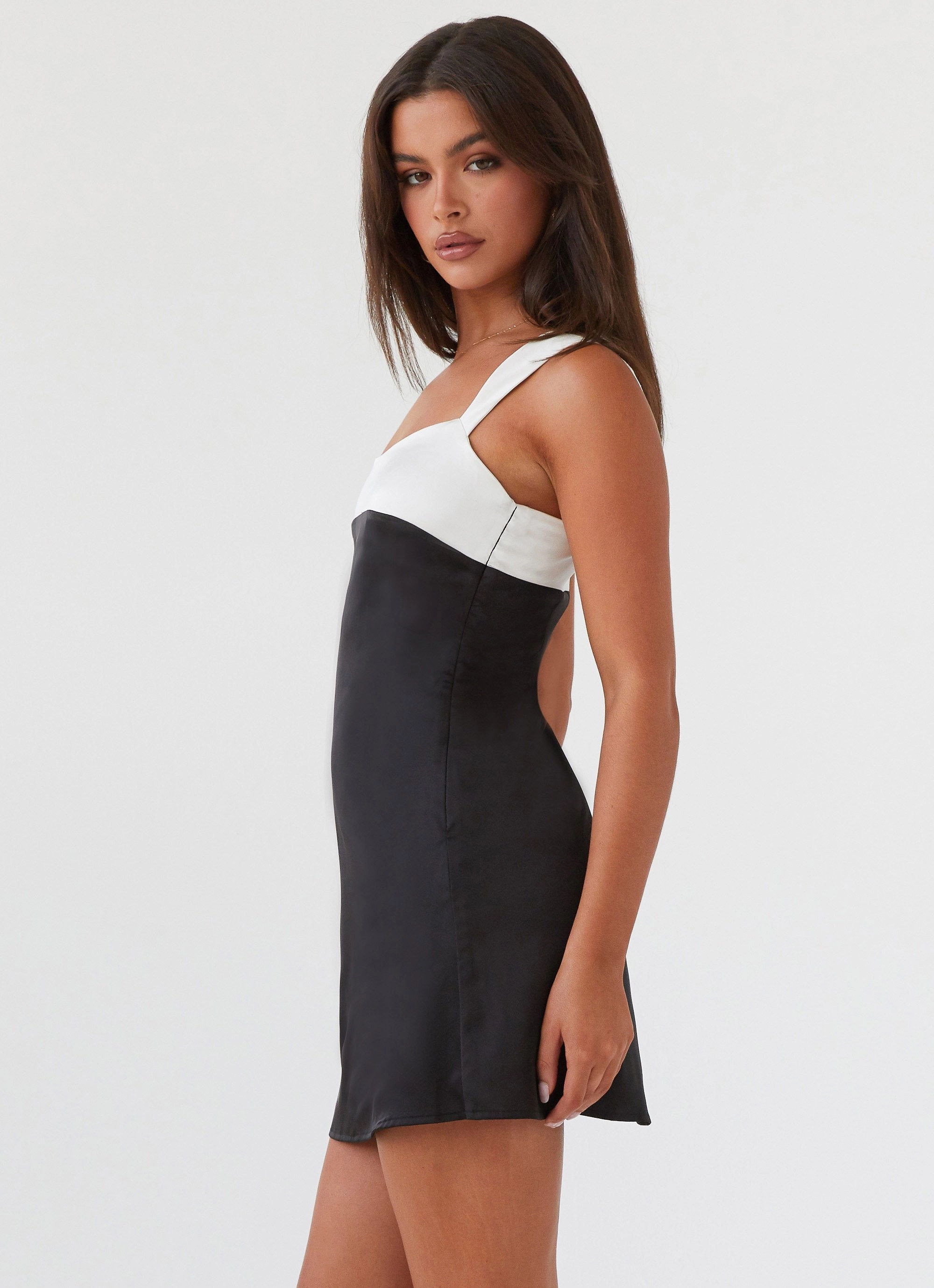 Odette Satin Mini Dress - Onyx High-waisted evening piece urban vibe