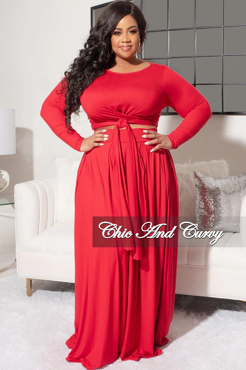 Easy Pack MachineWashable Final Sale Size 2pc Long Sleeve Tie Top Maxi Skirt Set in Red by