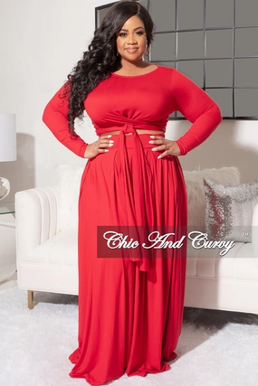 Easy Pack MachineWashable Final Sale Size 2pc Long Sleeve Tie Top Maxi Skirt Set in Red by