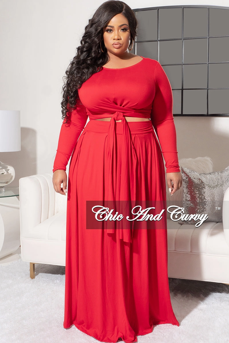 Essential Layer EcoFriendlyMaterial Final Sale Size 2pc Long Sleeve Tie Top Maxi Skirt Set in Red by
