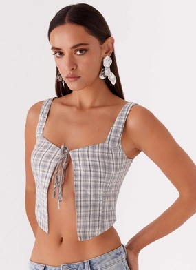 Oasis Dreams Tie Top - Check Quick Access Pockets Minimalist Detailing