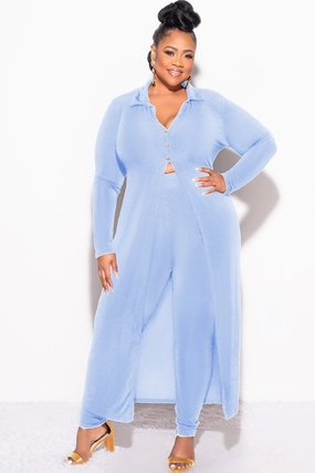 Trendy Design Casual Wear Final Sale Plus Size 2pc Set Duster Top with Front Gold Buttons and Matching Pants in Blue Slinky Fabric