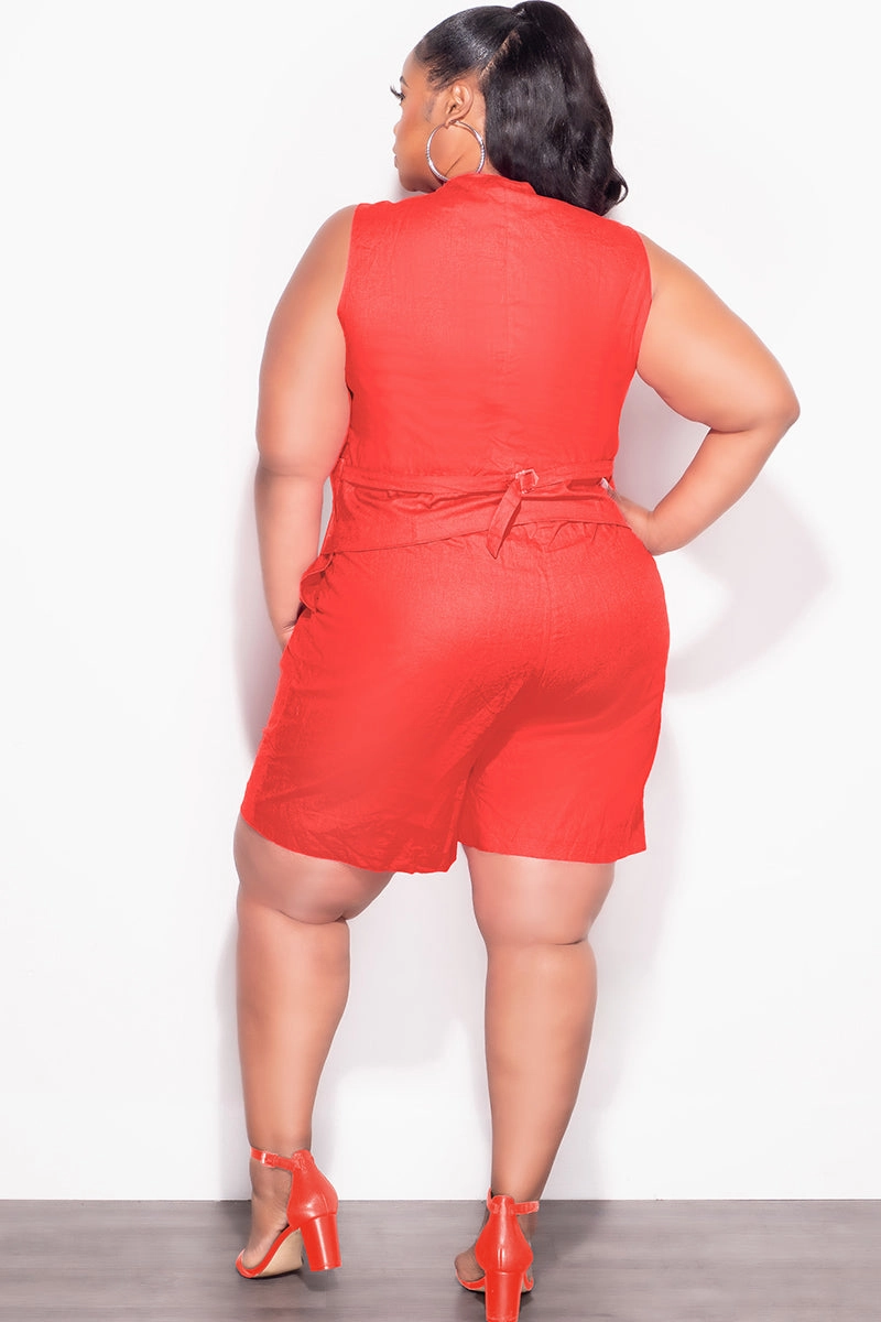 Final Sale Plus Size 2pc Sleeveless Linen Blazer Vest Short Set in Orange Casual Look
