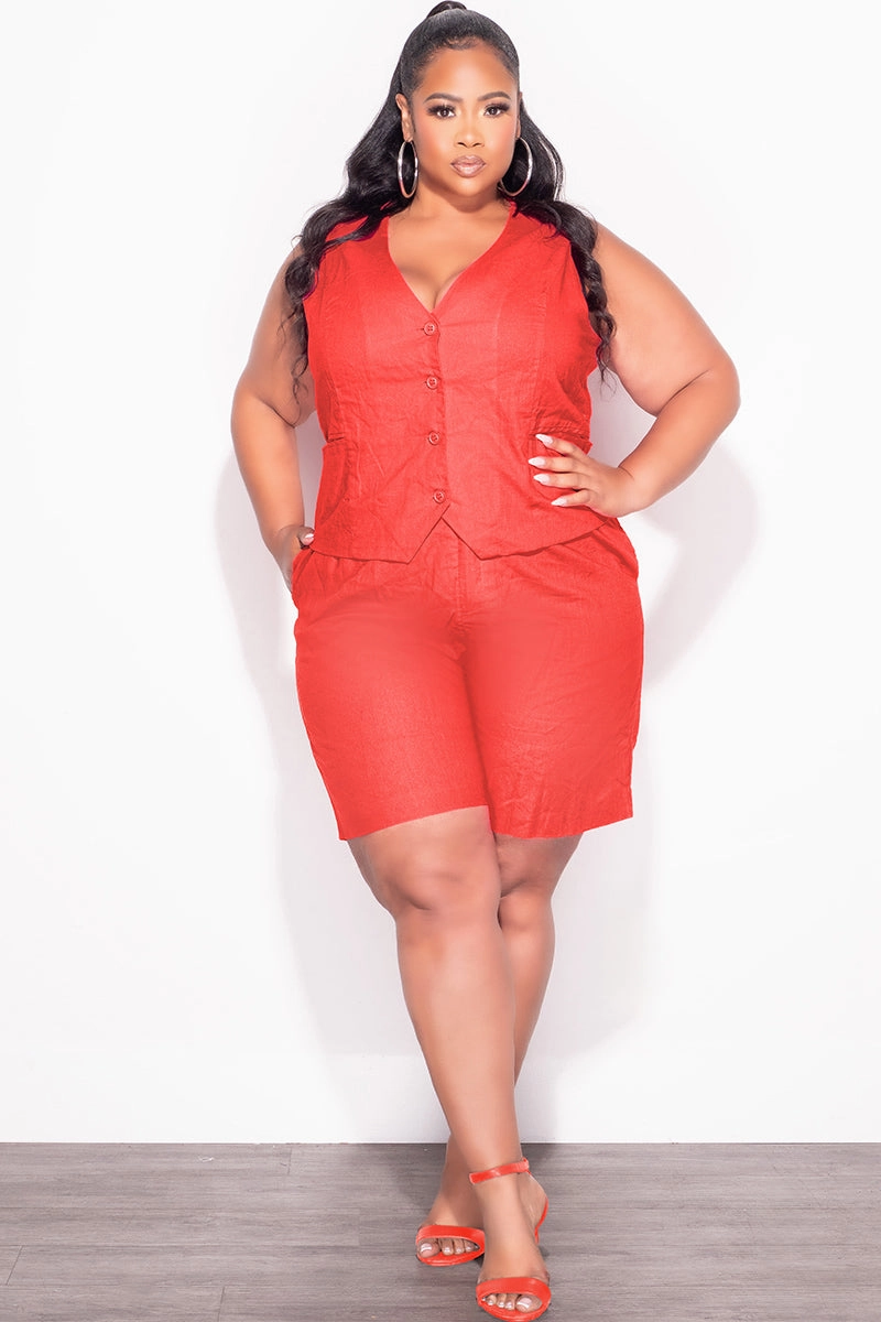 Final Sale Plus Size 2pc Sleeveless Linen Blazer Vest Short Set in Orange Practical Style