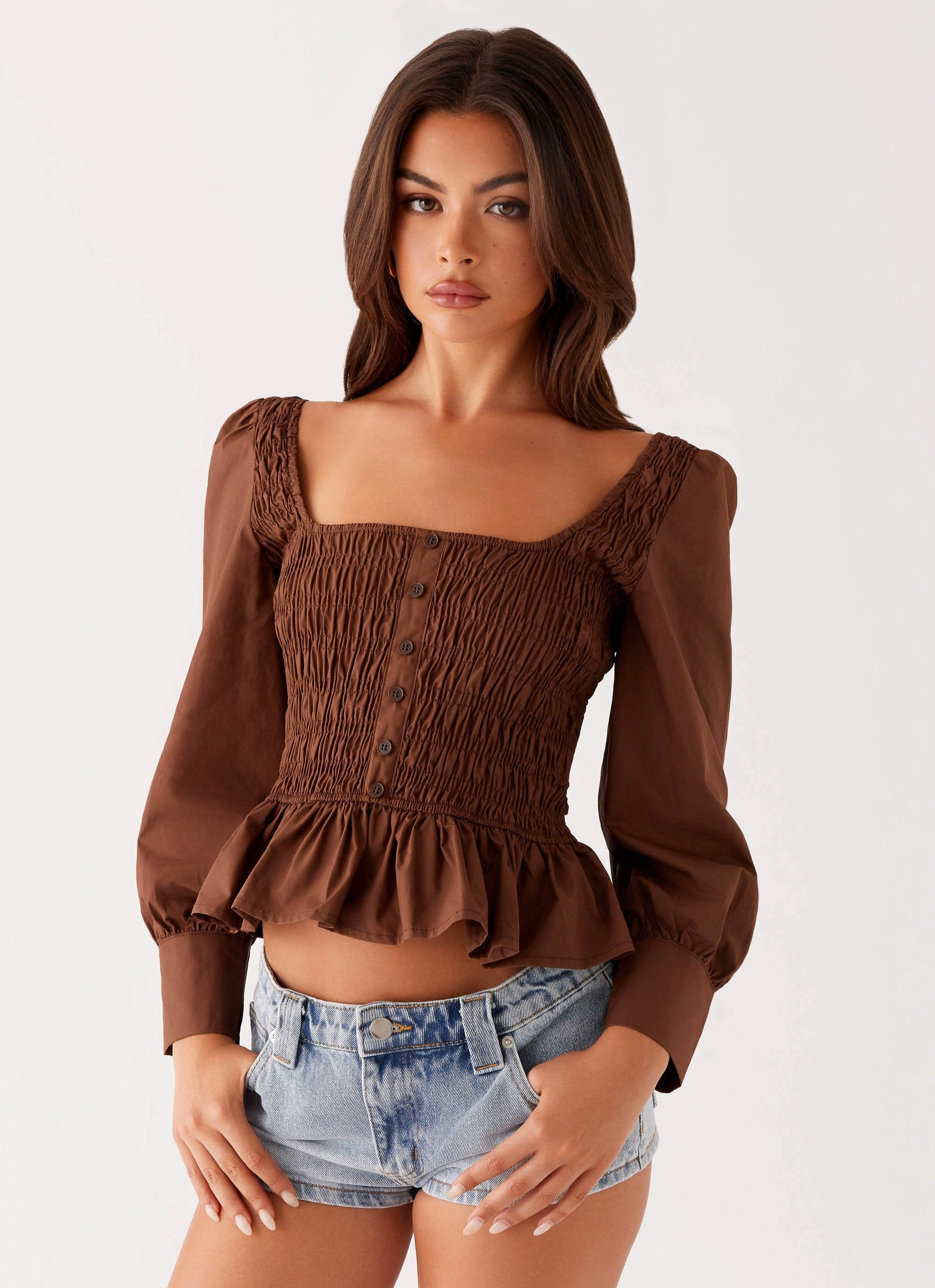 Joyce Long Sleeve Shirred Top - Chocolate SoftKnit
