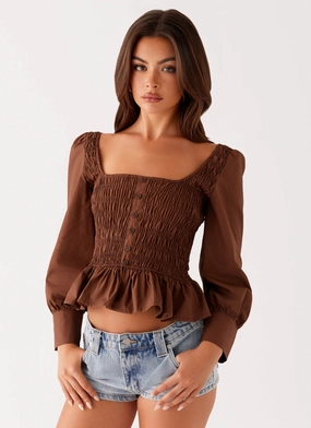 Joyce Long Sleeve Shirred Top - Chocolate SoftKnit