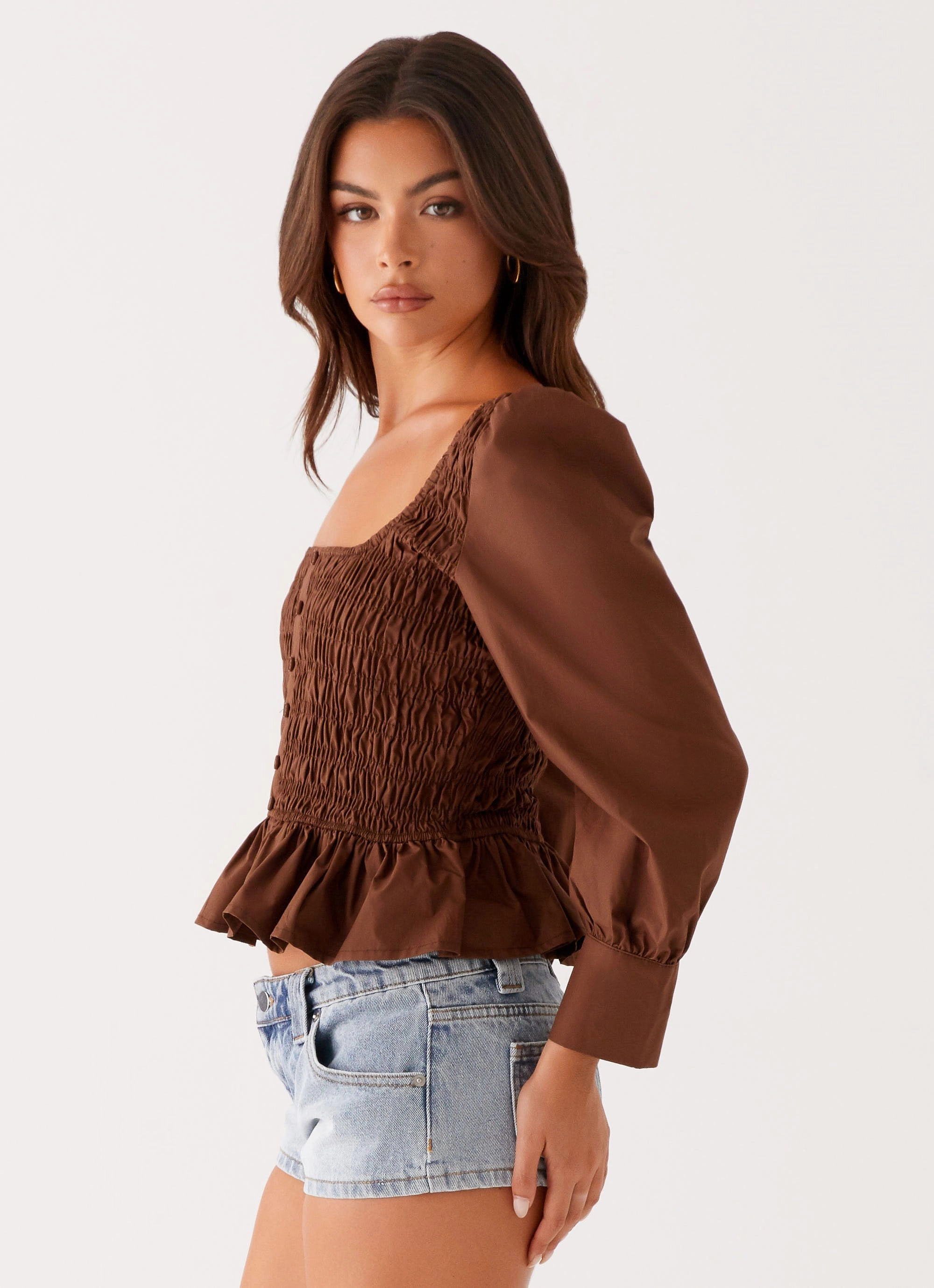 Joyce Long Sleeve Shirred Top - Chocolate Non Restrictive Cut