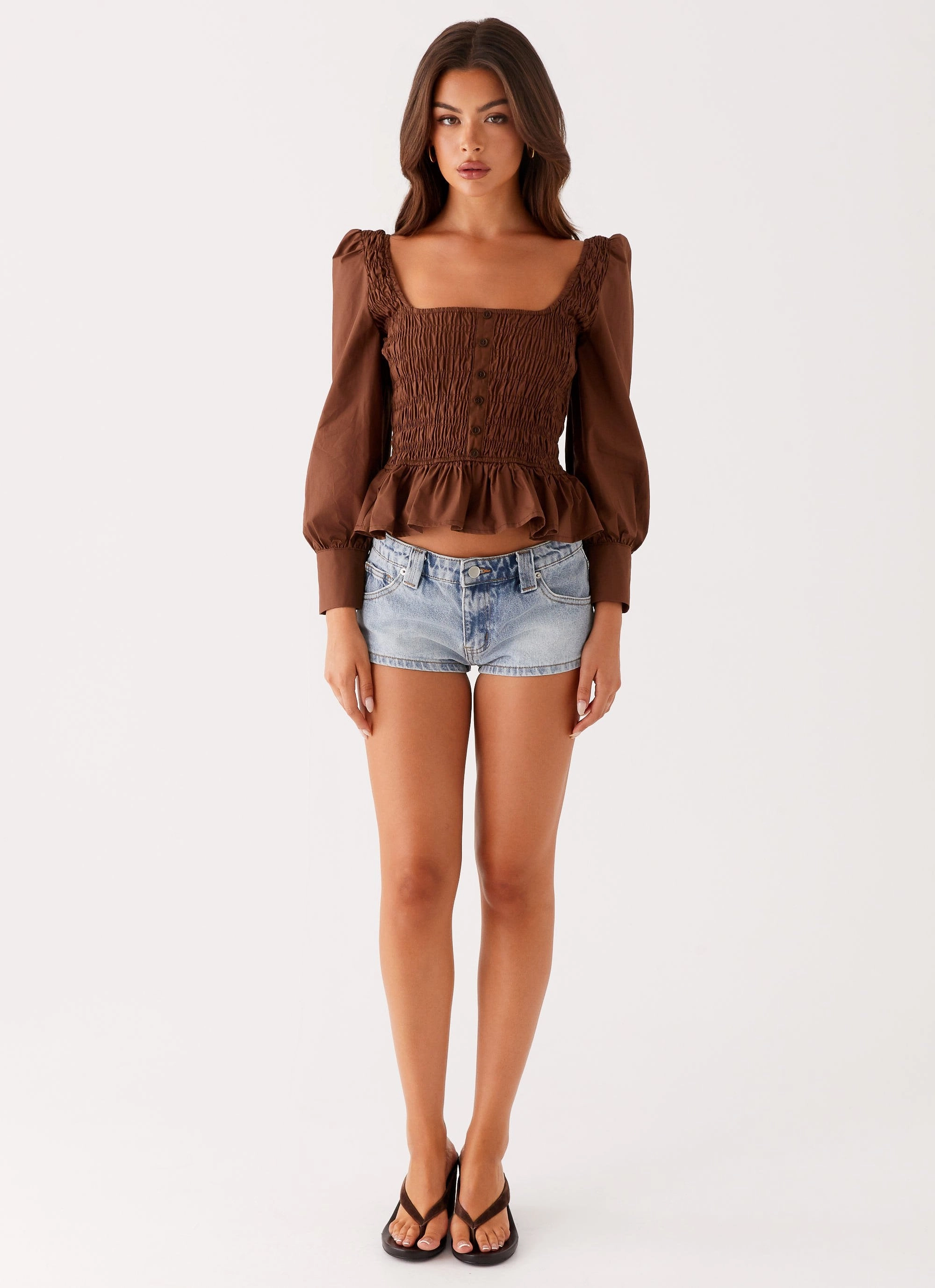 Joyce Long Sleeve Shirred Top - Chocolate Compression Fit