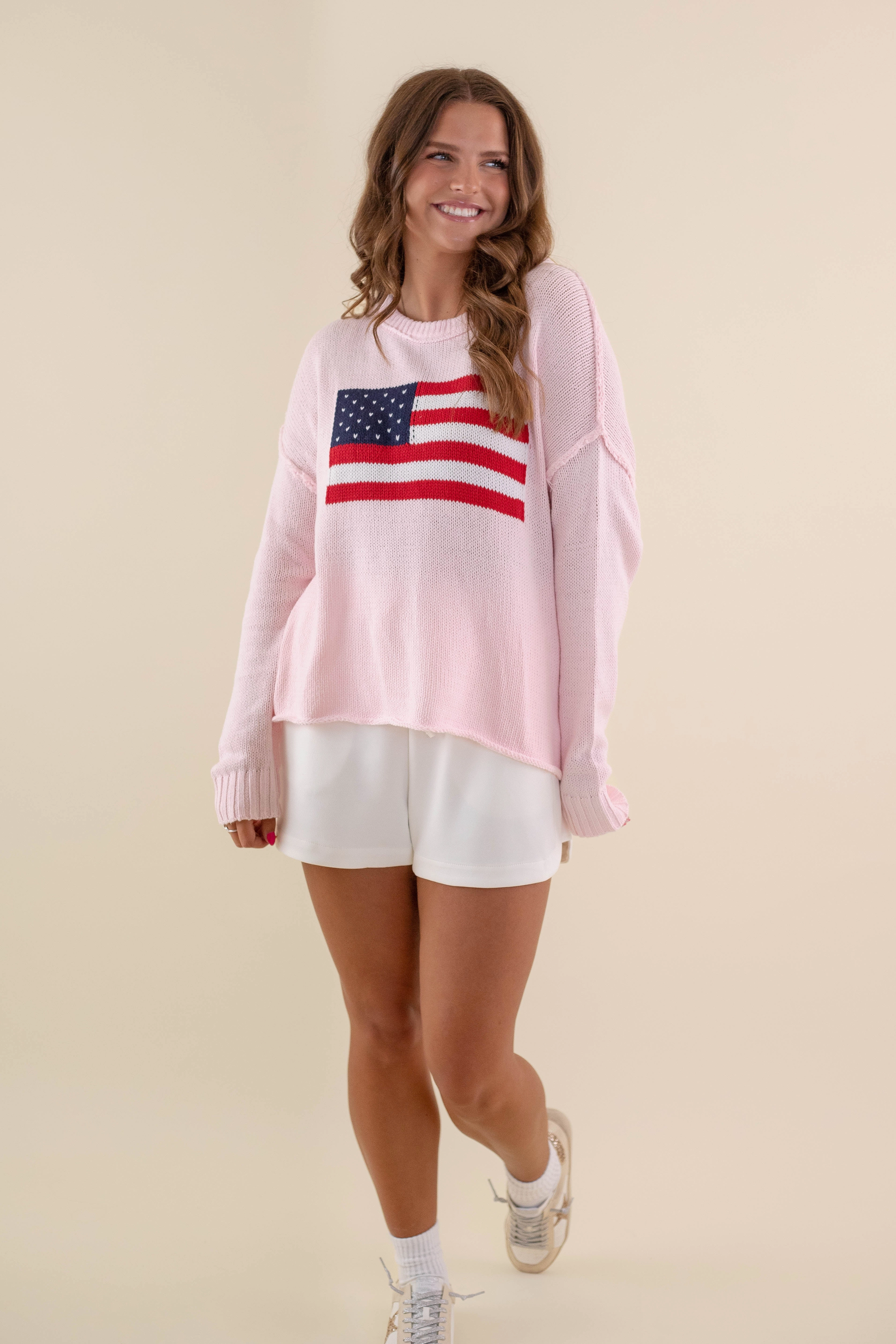 Microfiber Blended Fabric OdorResistantTreatment RESTOCK: All American Sweater-Blush