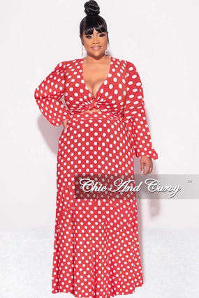 Final Sale Plus Size 2pc Long Sleeve Crop Tie Top and Skirt Set in Red with White Polka Dots Movement Flex AntiStaticFinish