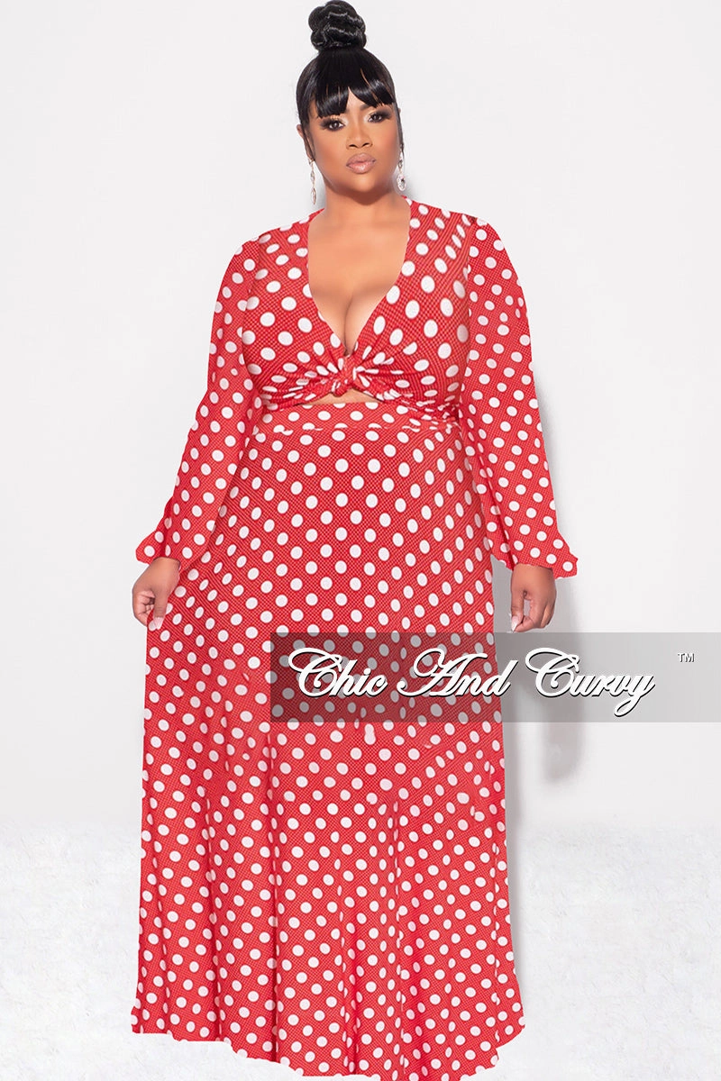 Simple and Cozy Final Sale Plus Size 2pc Long Sleeve Crop Tie Top and Skirt Set in Red with White Polka Dots