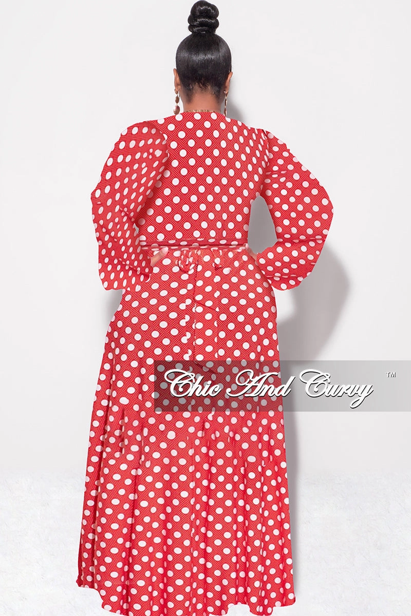 Comfortable fit Hygienic Inner Layer Final Sale Plus Size 2pc Long Sleeve Crop Tie Top and Skirt Set in Red with White Polka Dots