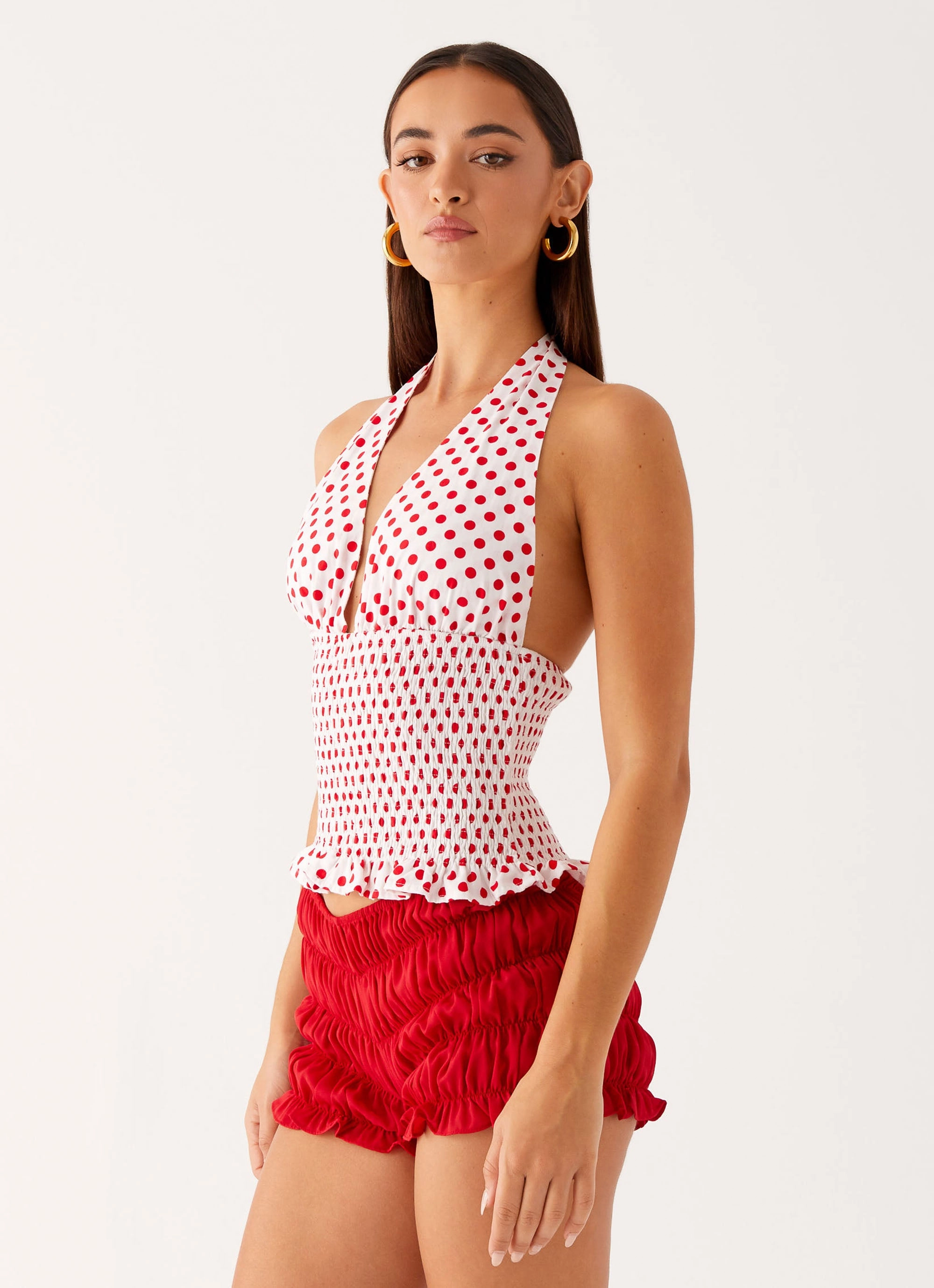 Versatile Layering Cut Wrinkle Resistant Finish Kamren Halter Top - White Red Polka Dot