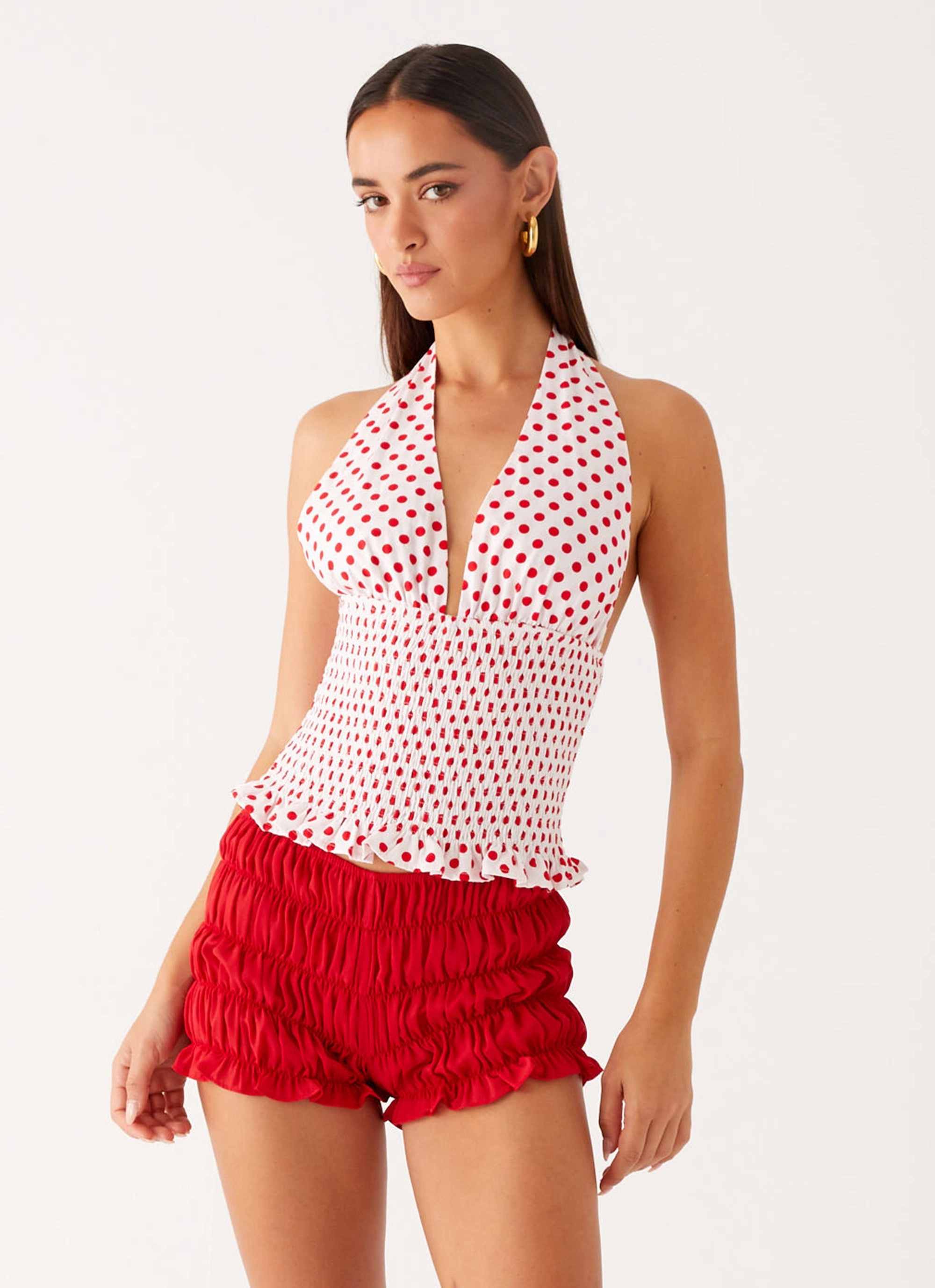 Kamren Halter Top - White Red Polka Dot Moisture Wicking Fabric