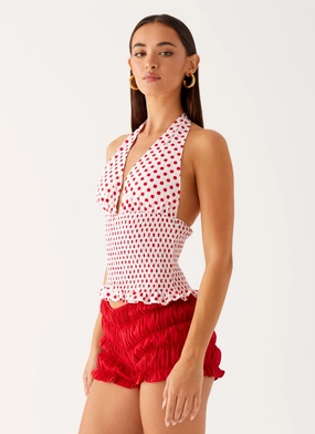 Versatile Layering Cut Wrinkle Resistant Finish Kamren Halter Top - White Red Polka Dot