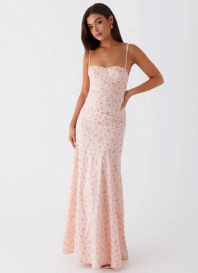 Britney Maxi Dress - Pink Ditsy Floral Drape Wave Refined Stitch