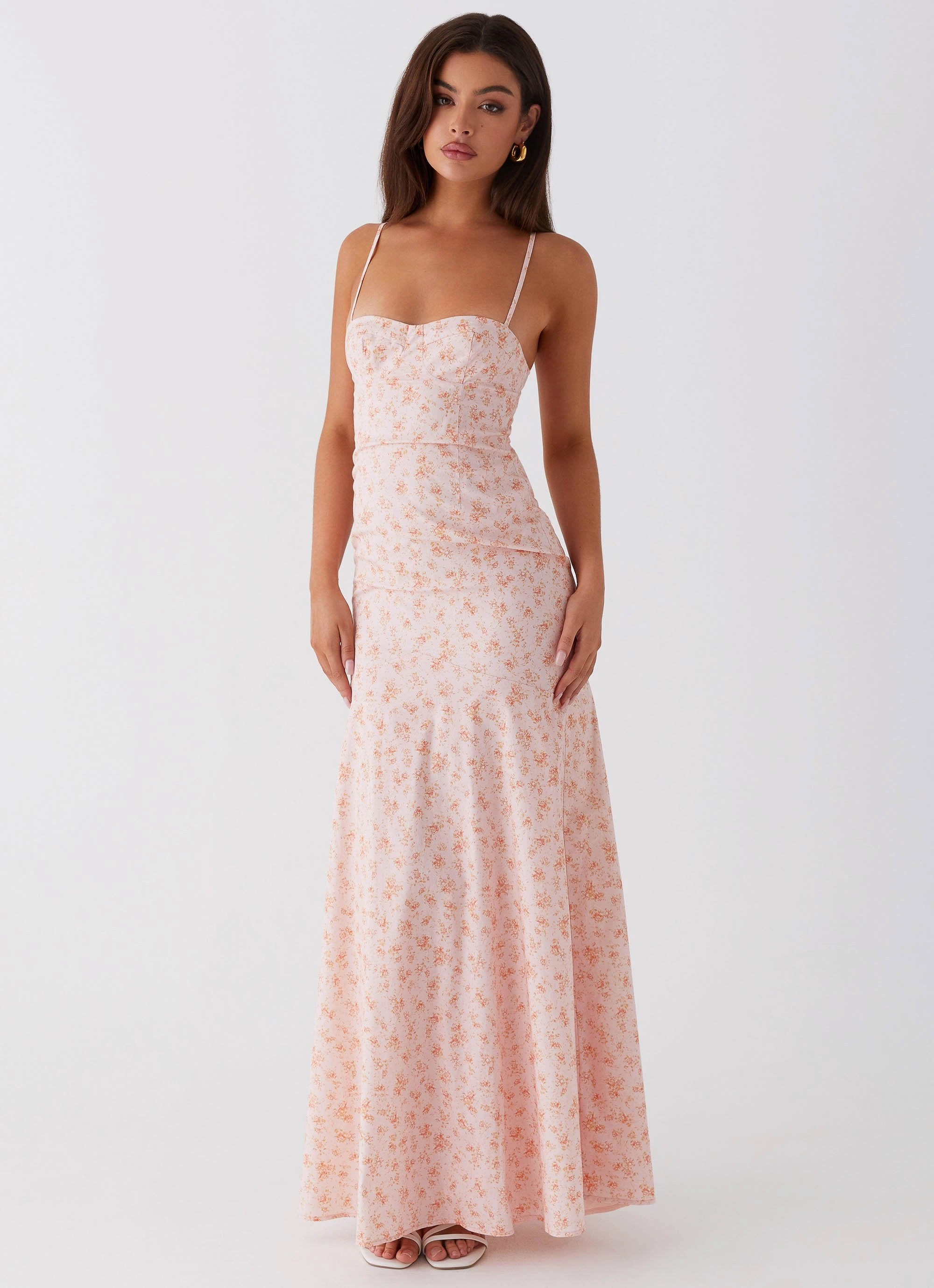 Britney Maxi Dress - Pink Ditsy Floral Satin Touch