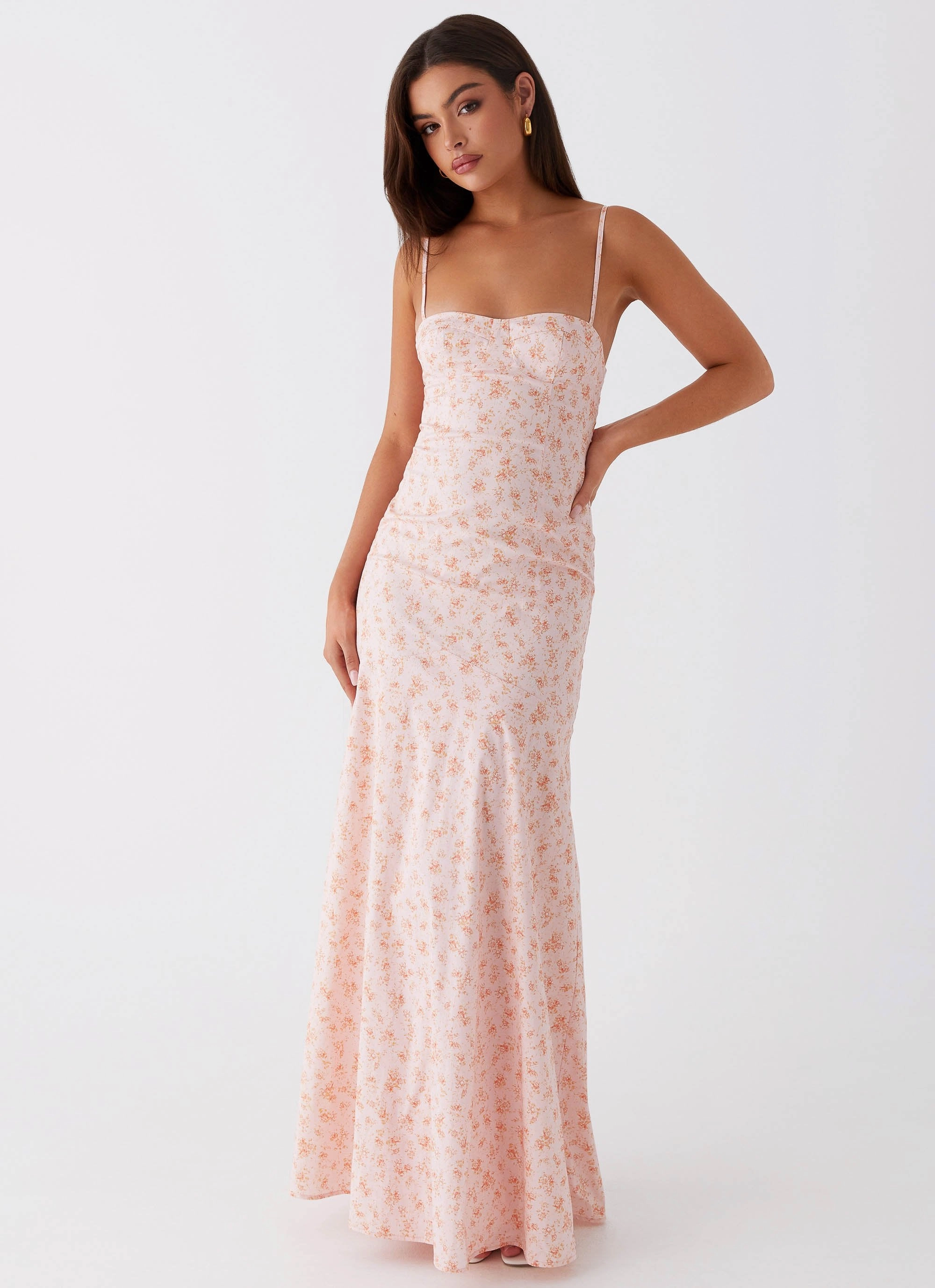 Britney Maxi Dress - Pink Ditsy Floral Drape Wave Refined Stitch