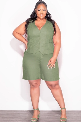 Wrinkle Resistant Finish AntiStaticTreatment Final Sale Plus Size 2pc Sleeveless Linen Blazer Vest Short Set in Olive