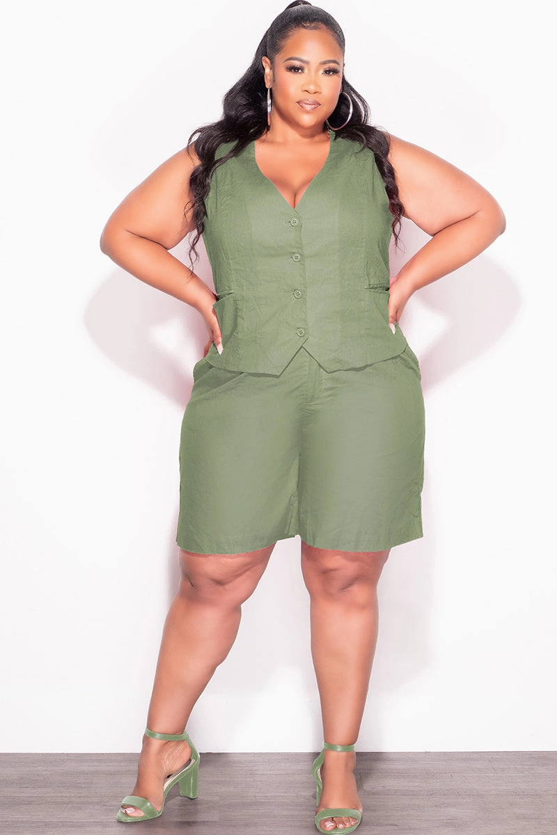 Final Sale Plus Size 2pc Sleeveless Linen Blazer Vest Short Set in Olive Full Coverage