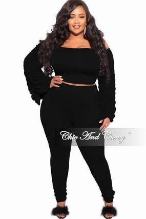 HypoallergenicFabric Minimal Comfort Final Sale Plus Size 2-Piece Set Ruched Top and Pants Set in Black