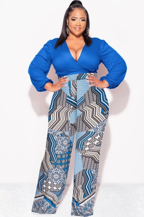 No Ride Bonded Seam Technology Final Sale Plus Size 2pc Crop Tie Top and Pants Set in Royal Blue Design Print