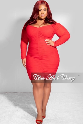 Final Sale Plus Size Ruched Off The Shoulder Mini Dress in Red Silicone Grip Interior