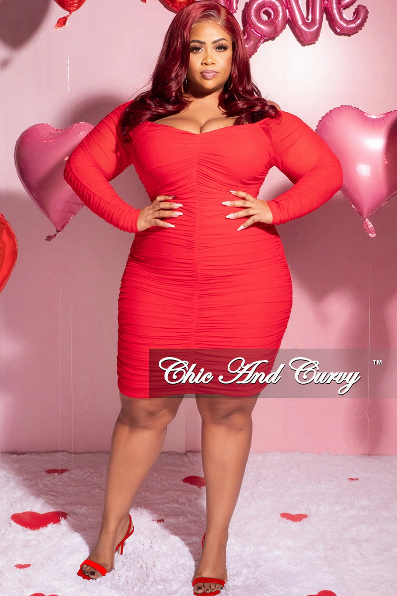 Final Sale Plus Size Ruched Off The Shoulder Mini Dress in Red HighElasticity Wear Resistant Edge