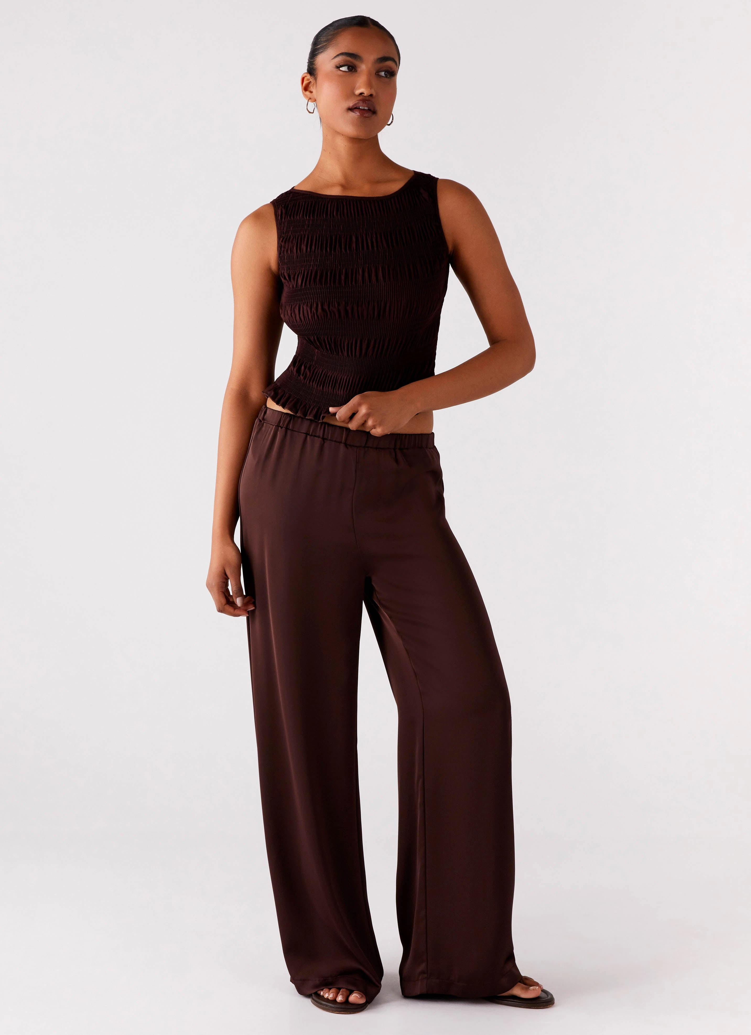 Palm Cove Satin Pants - Chocolate Tagless label