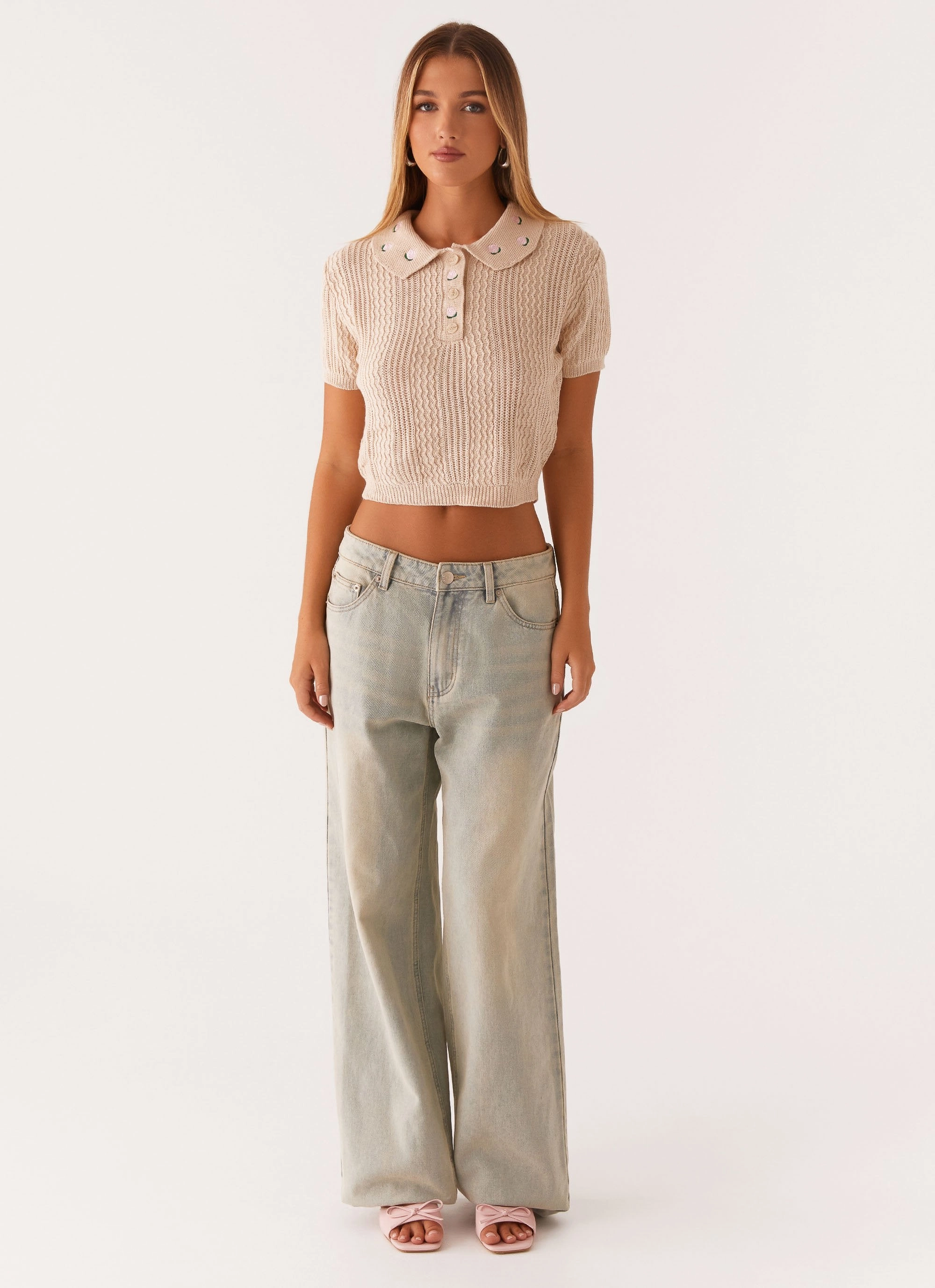 Aubrielle Knit Collar Top - Cream Tagless Design ContrastPlacket