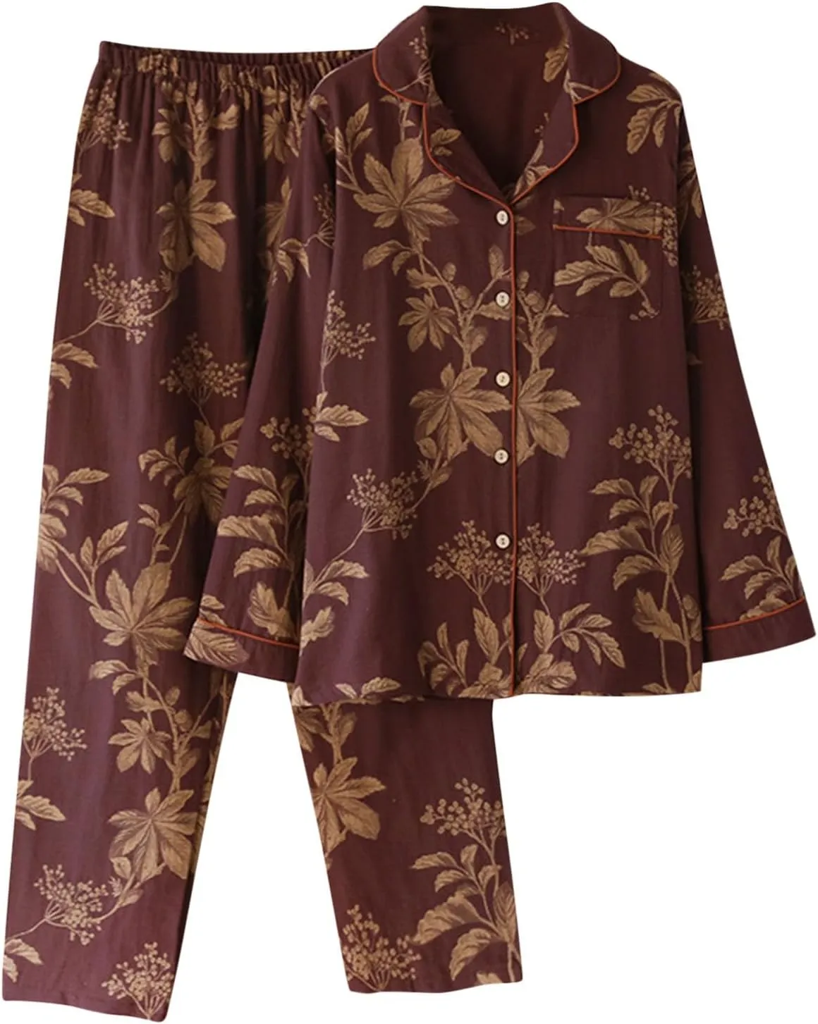 Retro Flower Print Cotton Pajamas Sets Women Button Down 2 Piece Pjs Long Sleeve Shirt and Pants Comfy Homewear Set