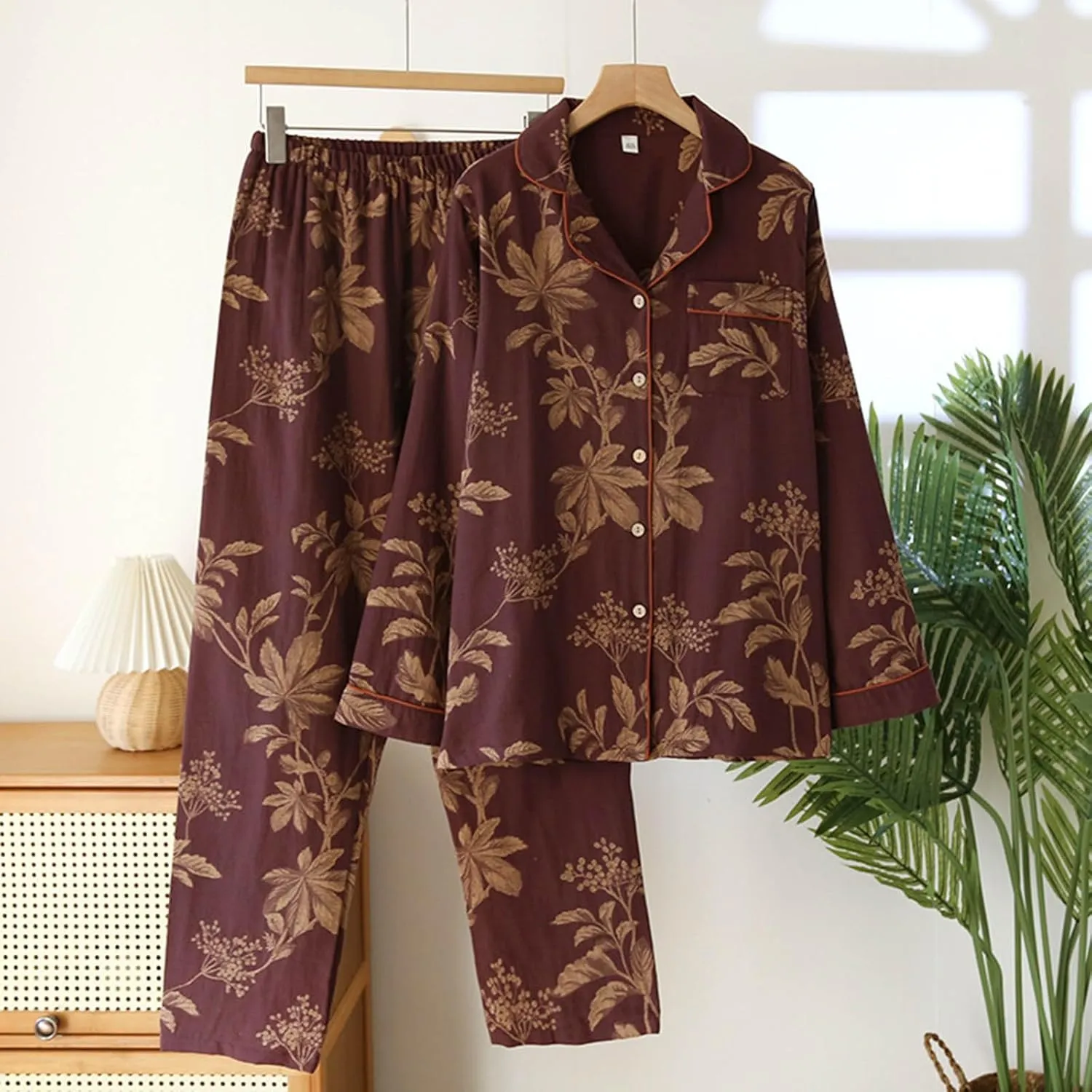 Retro Flower Print Cotton Pajamas Sets Women Button Down 2 Piece Pjs Long Sleeve Shirt and Pants Comfy Homewear Set