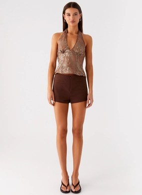 Reyce Sequin Top - Tan NonIrritating Seams Lightweight Weave