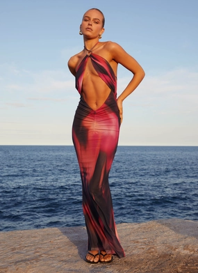 Casual Waist Fluid Shape Rheanna Maxi Dress - Pink Print