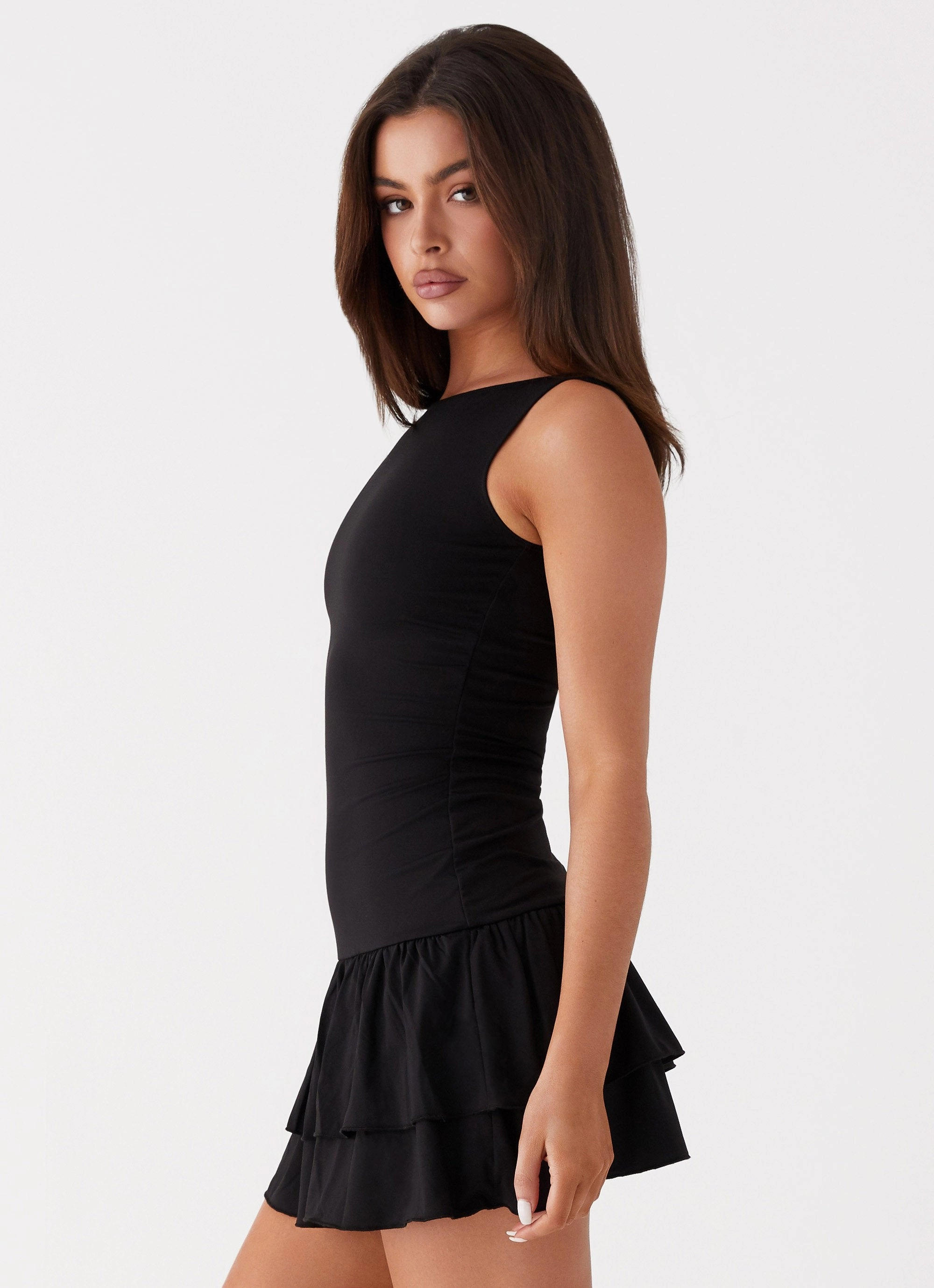 Rhiannon Frill Mini Dress - Black Harmonious Layers Soft Shine